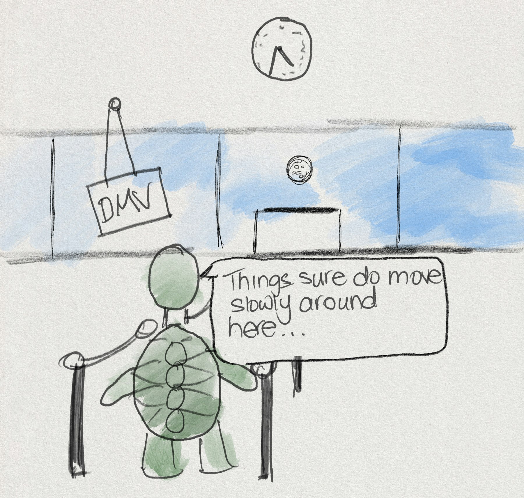 A turtle in the DMV saying “Things sure do move slowly around here”